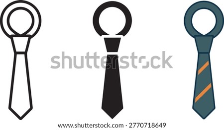 A vector set featuring 3 necktie icons in outline, solid silhouette, and striped styles. Ideal for business, formal attire, fashion, and professional graphics.