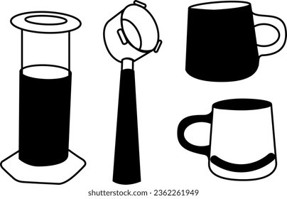 A vector set featuring AeroPress, Bottomless Filter, and 2 Coffee Cup vectors – an essential tool for coffee brewing enthusiasts.