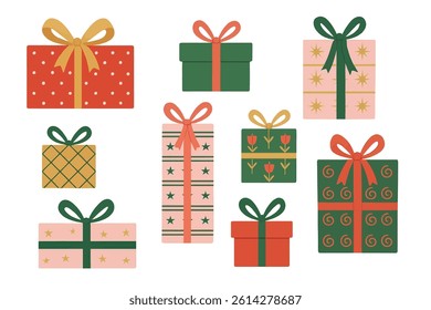 A vector set featuring an assortment of vibrant Christmas gift boxes on a white background, characterized by a modern mid-century aesthetic and depicted in various colors including red, green, pink