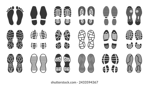 Vector Set Featuring Black Silhouettes Of Various Shoe Soles Prints, Including Boots, Sneakers And Foot Imprints
