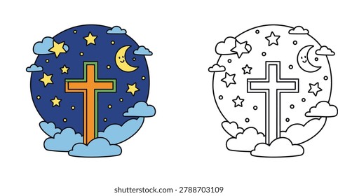 A vector set featuring a Christian cross under a starry night sky with a moon, available in colored and black-and-white outline versions.