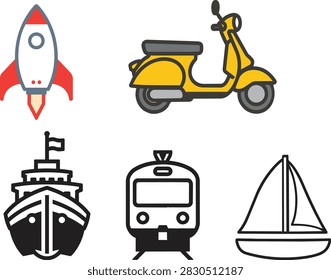 Vector set featuring a collection of travel and transportation icons, including a rocket, scooter, ship, train, and sailboat, designed in a clean, modern flat illustration style for diverse mobility, logistics, and journey-themed creative projects