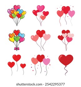 Vector set featuring colorful heart-shaped balloons in various arrangements. Perfect for Valentine's Day, love-themed projects, and festive designs.