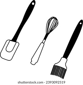 A vector set featuring essential baking utensils, including a pastry brush, spring chef spatula, and whisk for all your baking needs.