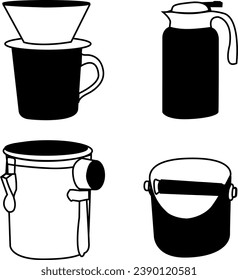 A vector set featuring essential tools for pour-over coffee brewing, including a dripper, carafe, canister, and knock box.