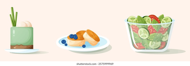 A vector set featuring food illustrations: a green mousse dessert with toppings, fluffy cheesecakes with blueberries, and a fresh salad of cucumbers, tomatoes, and spinach