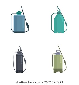 Vector set featuring four different designs of garden sprayers in various colors, isolated on white