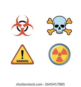 A vector set featuring four distinct hazard icons: biohazard, skull and crossbones (poison), a general warning sign, and a radiation symbol.