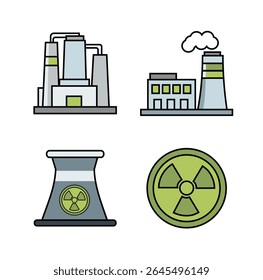 Um conjunto vetorial com quatro ícones: duas fábricas industriais com chaminés e dois símbolos nucleares, incluindo uma torre de resfriamento e um sinal de radiação.