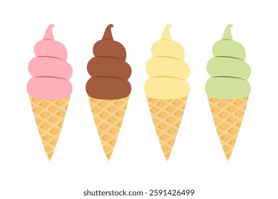 A vector set featuring four popular ice cream flavors: strawberry, vanilla, chocolate, and matcha, perfect for illustrating ice cream and dessert-themed concepts.