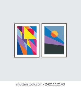Vector set featuring geometric abstract wall art. Artistic representation of a sunrise with geometric elements. Abstract plant design suitable for framed prints, canvas prints, posters, home decor