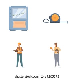 Vector set featuring a graph monitor, tape measure, and two workers with tools