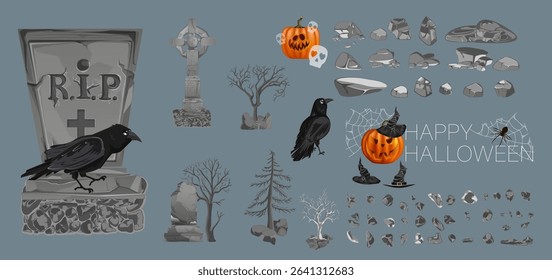Vector set featuring a happy Halloween day. A cute collection of creepy graves, mausoleums, a pumpkin, different shaped stones in the cemetery, a creepy tree, a black raven, a bird, a skull.