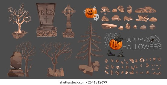 Vector set featuring a happy Halloween day. A cute collection of creepy graves, mausoleums, a pumpkin, different shaped stones in the cemetery