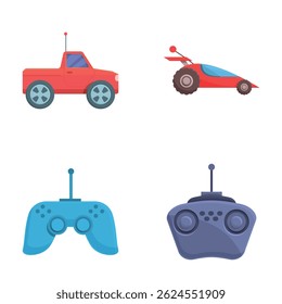 Vector set featuring icons of a remotecontrolled car, motorcycle, and two types of controllers