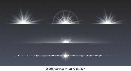 Vector set featuring isolated stage lighting, studio light sources, and concert spotlights. For event designs, theater performances, digital artwork, and professional photography lighting. 