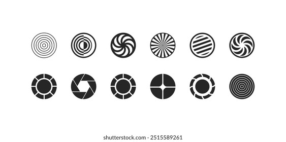 Vector set featuring modern abstract geometric shapes and circle icons, perfect for illustrations and design projects that require a trendy, forward-thinking aesthetic.