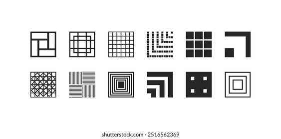 Vector set featuring modern abstract geometric squares, perfect for creative illustrations and design projects that require a unique, stylish, and forward-thinking visual approach.