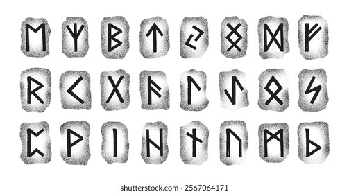 A vector set featuring Norse Elder Futhark runes, rendered in a dotwork style on stone textures. Ancient esoteric symbols.