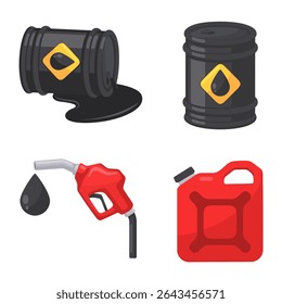 Conjunto vetorial com barris de óleo, reservatórios de combustível e um bocal de bomba de gasolina, ideal para temas de energia e indústria.