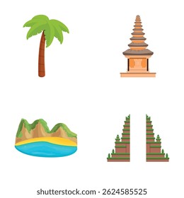 Vector set featuring palm tree, pagoda, island, and temple icons, ideal for travel designs