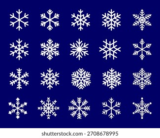 Conjunto de Vector con dieciséis íconos únicos de copos de nieve blancos en varias Formas detalladas sobre un fondo azul oscuro, ideal para diseños de invierno y Navidades.