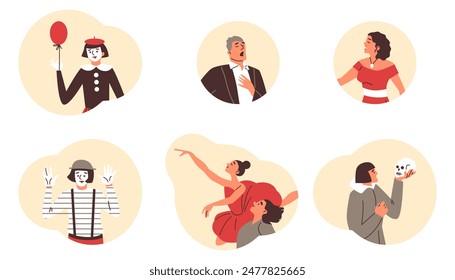 Vector set featuring stage performers: singers, circus lovers, theater actors and ballet dancers on an isolated background, ideal for stickers or flyers.