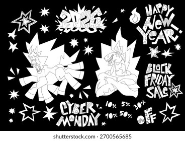 Vector set featuring two stylized fire horses in red and yellow shades, decorative stars and and playful lettering isolated on a white background.