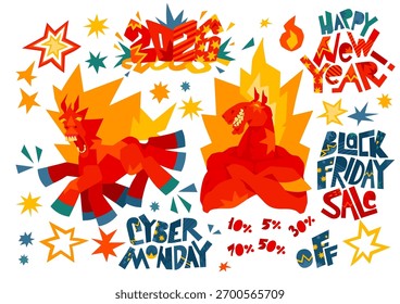 Vector set featuring two stylized fire horses in red and yellow shades, decorative stars and and playful lettering isolated on a white background.