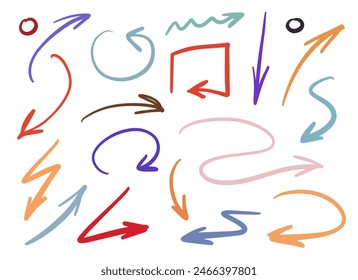 A vector set featuring various colorful hand-drawn arrows in different styles and directions on a white background.
