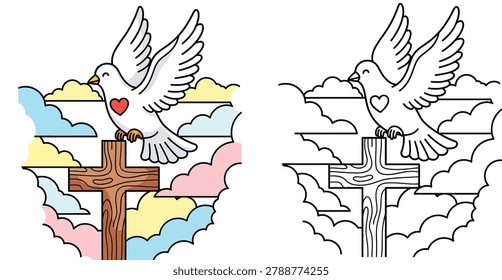 A vector set featuring a white dove with a heart on a wooden cross against a cloud background, available in colored and outline styles.