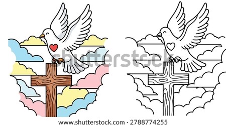 A vector set featuring a white dove with a heart on a wooden cross against a cloud background, available in colored and outline styles.