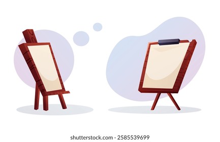 Vector set featuring wooden easels used for painting, presentations, or education on a light background  
