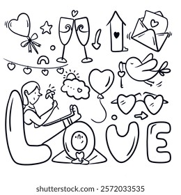 Vector set for February 14, Valentine's Day in doodle style, lettering, design set, characters, bird, letter, glasses, cloud, glasses with black line