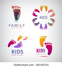Vector Set Of Feet Steps, Footprints Logos, Kids Logo, Family Logo, Icon Isolated. Collection