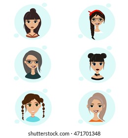 Vector set of female avatar icons. People illustration, flat woman social media. Cartoon characters for web profile. Lovely hipster pigtail ponytail hairdress. Flirty girls face goth
