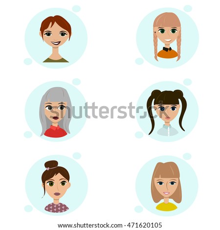 Vector set of female avatar icons. People illustration, flat woman social media. Cartoon characters for web profile. Lovely hipster pigtail ponytail hairdress. Flirty girls face