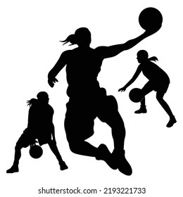 Juego De Vectores De Mujeres Baloncestistas Silhouettes Ilustración Aislada En Fondo Blanco