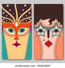 Vector set of female cards: oriental woman with head accessories and retro girl with star sunglasses. Material design. Characters for background, phone cover, banner, apps, invitation card, tag, etc