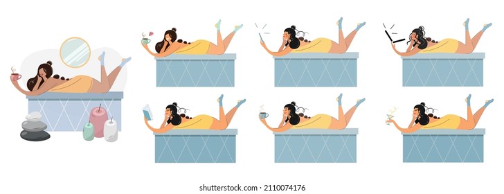 Vector set with a female character. Spa procedures in the bath or sauna. Work and leisure bodypositive girl. Woman with computer, phone, reading a book, cup of coffee, glass of wine Cartoon flat style