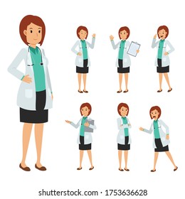 Vector Set of Female Doctor character. medical Illustration.