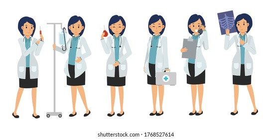 Vector Set of Female Doctor character with varieties of medical equipment. medical Illustration.