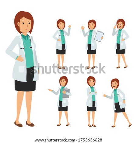 Vector Set of Female Doctor character. medical Illustration.