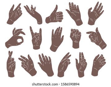 Vector set of female elegant hands. Women's arms collection for logos, emblems, labels template. Gestures and sign language. Hand drawn icons silhouettes