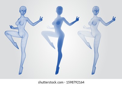 vector set of female figures in dance poses on white background
