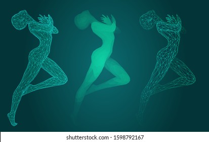 vector set of female figures in dance poses on the green background