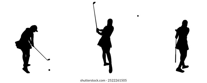 Vector set of female golf players silhouettes isolated in white background.