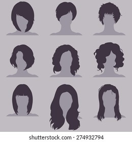 Vector Set of Female  Hairdress. Types of Women Hairstyles.