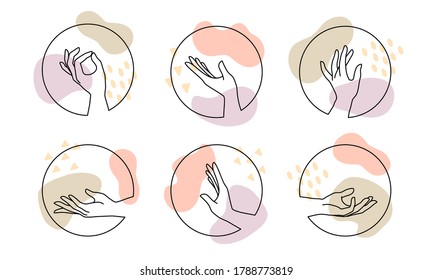 Vector set of female hand logos in minimal linear style. Emblem design templates with different hand gestures. For cosmetics, beauty, tattoo, spa, manicure, massage