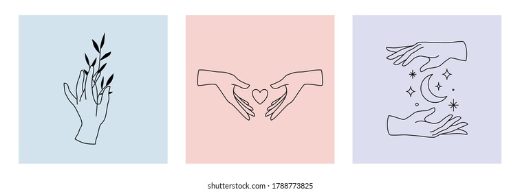 Vector set of female hand logos, icons in minimal linear style. Emblem design templates with hand gestures, plant, moon, stars and heart for cosmetics, manicure, beauty, tattoo, spa, jewelry store